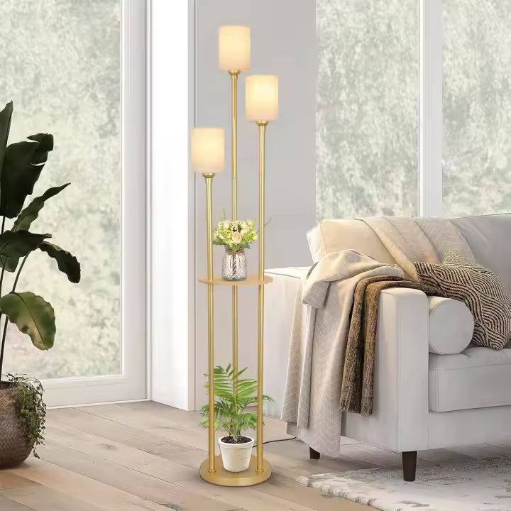Lámpara de Pie Boho, Lámpara de Ratán de 3 Luces con Estante, Lámpara Industrial con Interruptor y Pantalla, Lámparas Altas para Salón Dormitorio Oficina - 1