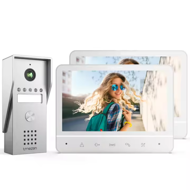 TMEZON Videoportero 4 Hilos,Dos pantallas,Timbre Video Sistema de intercomunicación con 7 zoll Monitor y Timbre con Cable,Vista en Vivo y conversación, Desbloqueo por Monitor Interior,16 Tonos de Llamada - 1