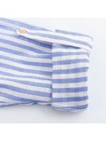 Camisa De Lino Mezclado Azul Con Rayas Estilo Académico Veraniego Para Mujer Casual Cuello En V Manga Tres Cuartos Ajuste Regular - details 4