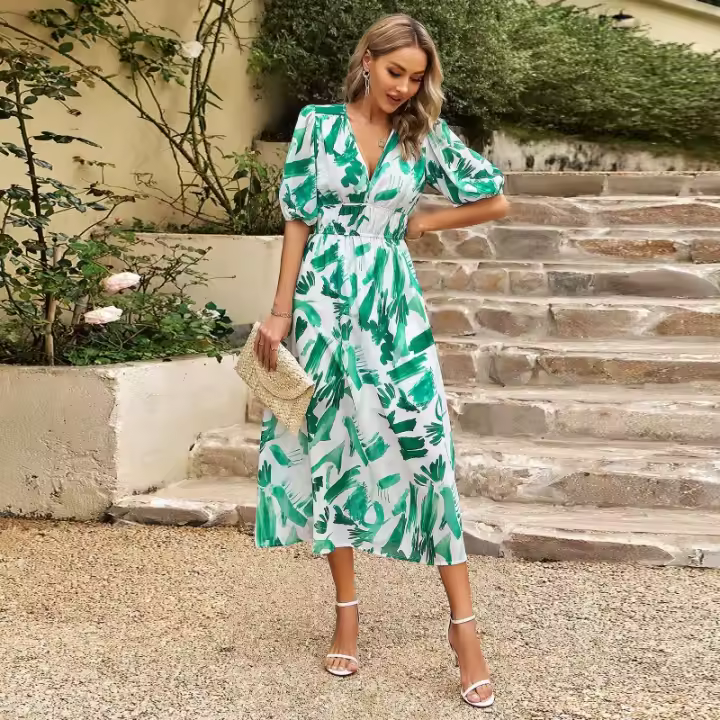 Diseño de vestido europeo y americano 2025 verano temperamento cintura vestido estampado con cuello en V - 1