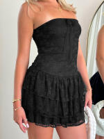 Vestido informal con gradas para mujer, falda de tubo con bordado de encaje halter sin mangas en negro - details 3