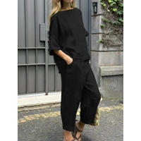 Conjunto de verano de 2 piezas para mujer, talla grande, camisa de lino y algodón, traje con pantalones largos sueltos de cintura alta - details 6