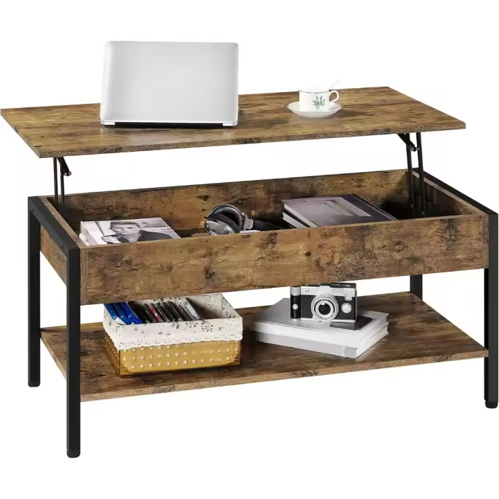 101x45.5X 62 Mesa de Centro Elevable Mesa de Café con Revistero Mesa Baja de Industrial para Sofá Salón Marrón - 1