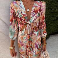 2025 Vestido de verano para mujer, azul, estampado, cuello en V, ceñido, ceñido a la cadera, manga corta - details 9