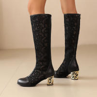 Botas de empalme de malla para primavera/verano 2025, nuevas botas geniales de tacón medio con cremallera trasera y punta redonda para mujer - details 6
