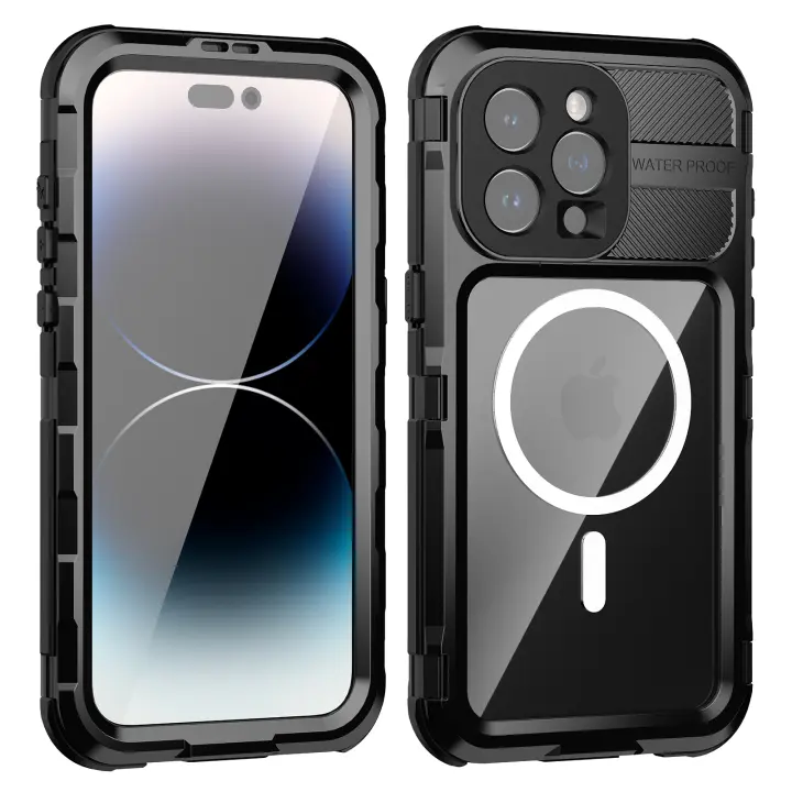 Funda de Metal 360 impermeable para iPhone 15 Pro Max 14 Pro MagSafe, carga inalámbrica, buceo, natación, funda a prueba de golpes, protección completa - 1
