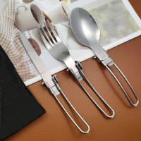 Juego de cubiertos portátiles de acero inoxidable, cubiertos plegables para acampar al aire libre, viajes, Picnic, cuchillo, cuchara, tenedor, vajilla, 3 piezas por juego - details 4