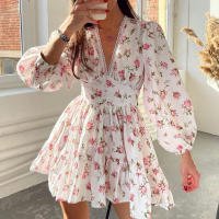 Vestido corto elegante por debajo de la rodilla para mujer, vestido corto con borde de encaje y cuello en V, estampado de moda dulce, temperamento, verano 2024 - details 2