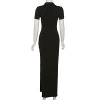 BUNO-Vestido largo de oficina para mujer, de manga corta con cuello vuelto traje elegante, abertura lateral y botón, moldeador de cuerpo, moda de calle - details 15