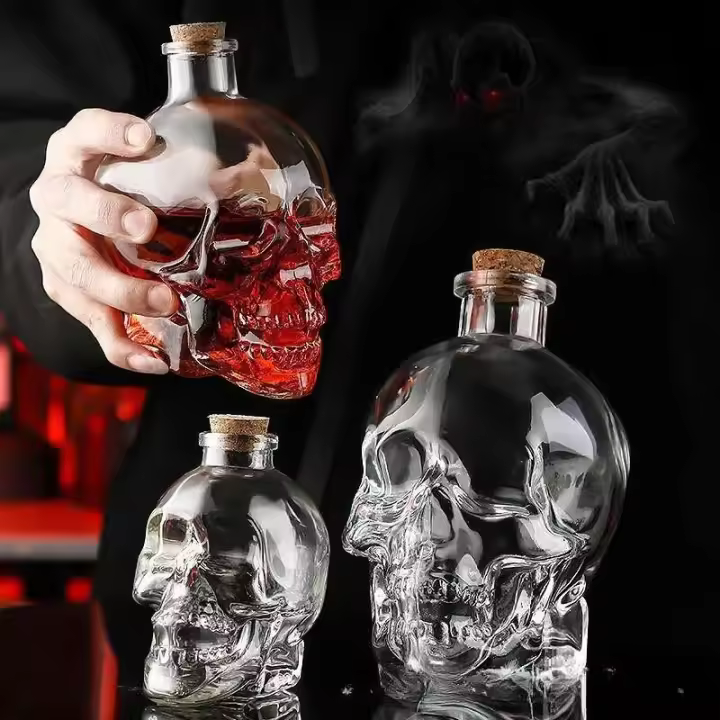 Botella de vidrio de alta calidad con forma de calavera de 750 ml, vaso de cerveza con cara de calavera de vino, vodka, whisky, tapa de café de madera - 1
