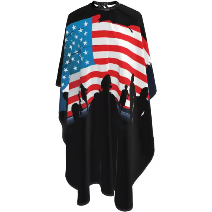 Capa de peluquero American Flag Hero Salon - Capa de corte de pelo impermeable de peluquería profesional con cierre a presión ajustable - Delantal de corte de pelo para estilista y uso doméstico - 55''X66'' - 1