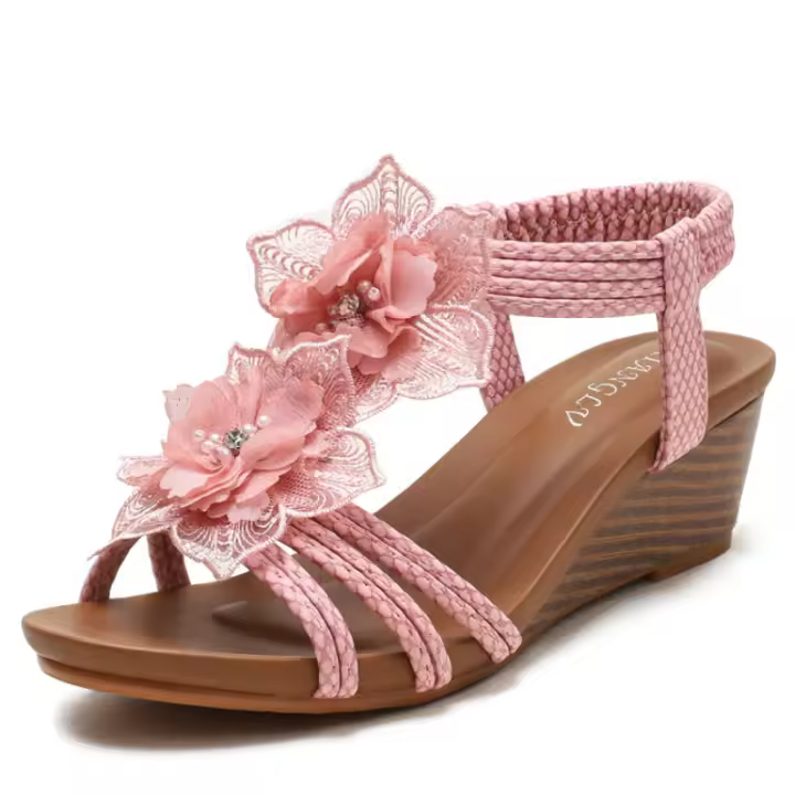 Zapatos romanos de tacón de cuña para mujer, sandalias de verano 2025 con flores retro bohemias para vacaciones, zapatos de mujer de talla grande. - 1