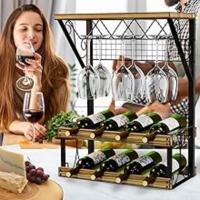 Botellero de vino de madera y metal, 8 botellas y 6 copas, diseño rústico compacto y elegante