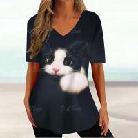 Camiseta Gráfica de Gato Kawaii Manga Corta, Estampado Haruku, Cuello en V, Ropa Suelta para Mujeres - details 28