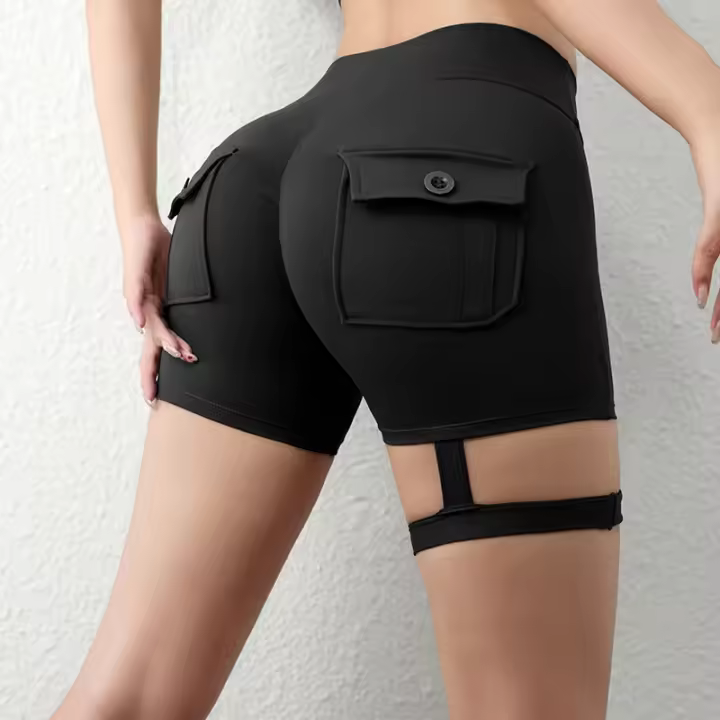 Nuevo entrenamiento Fitness entrenamiento cintura alta deportes sin costuras Yoga Biker pantalones cortos con bolsillo para mujeres - 1