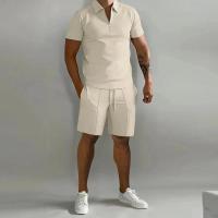 Traje Deportivo Casual para Hombres Polo de Color Sólido, Pantalones con Rayas Verticales, Manga Corta, Moda Suelta - details 4