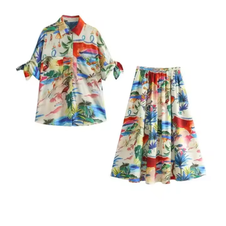 BUNO-novedad de verano, producto, camisa de manga corta estampada a la moda para mujer, conjunto informal de media falda por debajo de la rodilla de cintura alta - 1