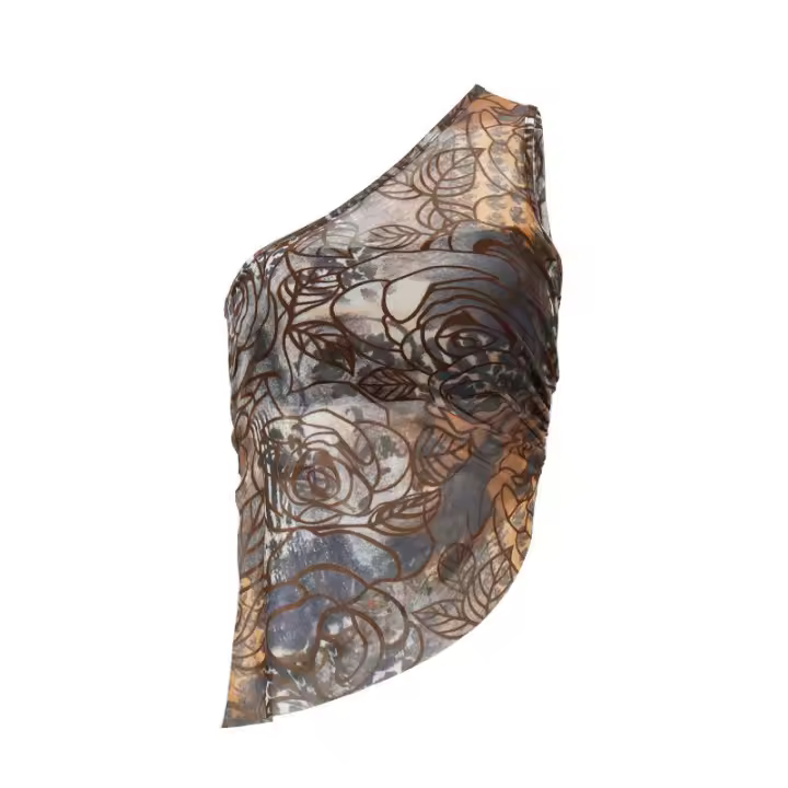 BUNO-Camiseta sin mangas con estampado de cuello oblicuo Vintage, Top corto transparente sin mangas con hombros descubiertos, ropa de calle de los 90, chaleco ajustado con abertura - 1