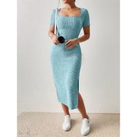 Cuello cuadrado de verano, falda de longitud media que abraza la cadera, manga corta, vestido con abertura de punto versátil - details 17