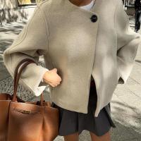 Elegante Abrigo de Lana Sólida para Mujer Cuello Redondo, Manga Larga, Ajuste Suelto, Moda de Ciudad Urbana de Otoño 2024 - details 4