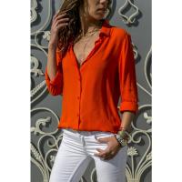 Camisa de gasa de manga larga para mujer de primavera y verano, camisa con botones de talla grande de color sólido con cuello en V profundo - details 2