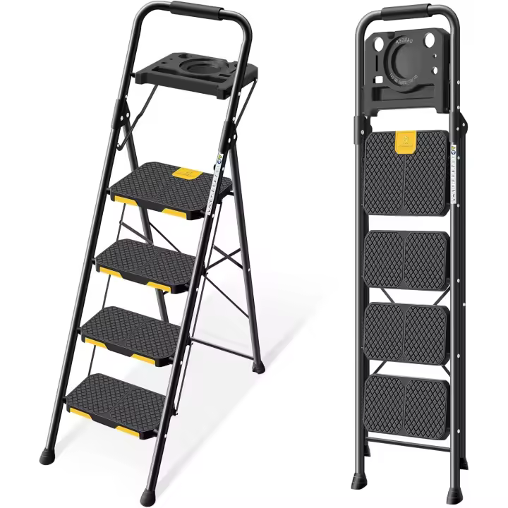 Plegable de 4 Peldaños con Bandeja de Herramientas e Bloqueo de Seguridad, Carga hasta 360 kg, Escalera Doméstica con Pedal Ancho Antideslizante e Pasamanos, Uso Hogar Cocina, Negro - 1
