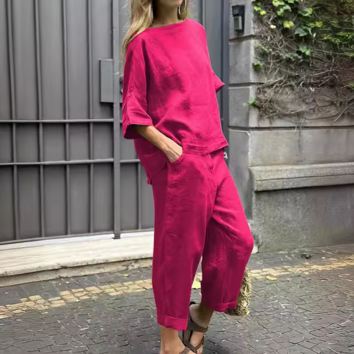 Conjunto de verano de 2 piezas para mujer, talla grande, camisa de lino y algodón, traje con pantalones largos holgados a la cintura - 1