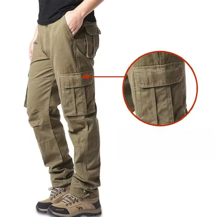 Pantalones casuales de trabajo para hombre con bolsillos multifuncionales, pecho de algodón sólido, estilo cargo recto para uso en exteriores y calle. - 1