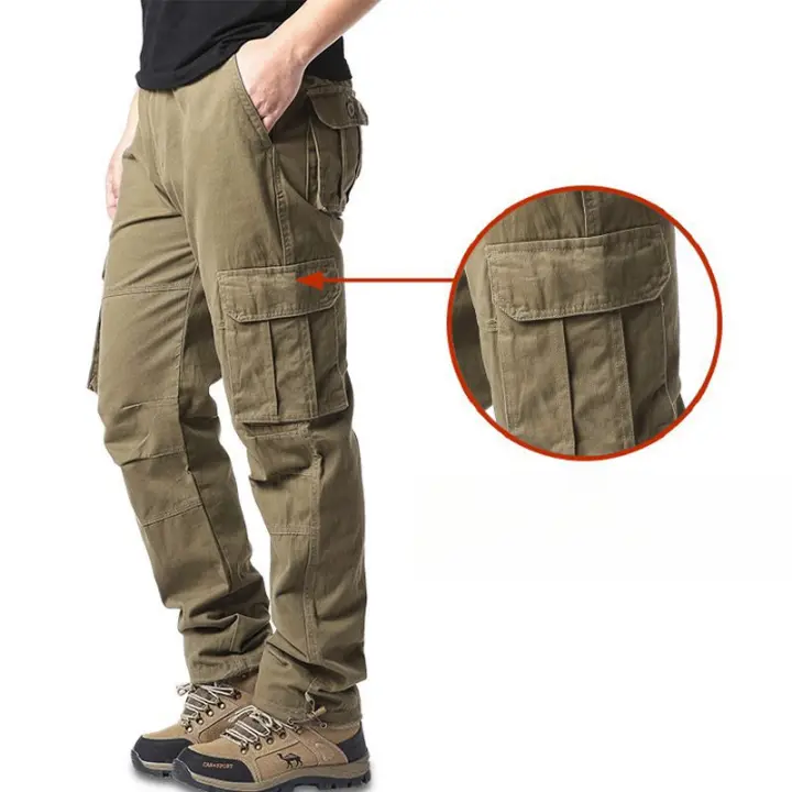 Pantalones casuales de trabajo para hombre con bolsillos multifuncionales, pecho de algodón sólido, estilo cargo recto para uso en exteriores y calle. - 1
