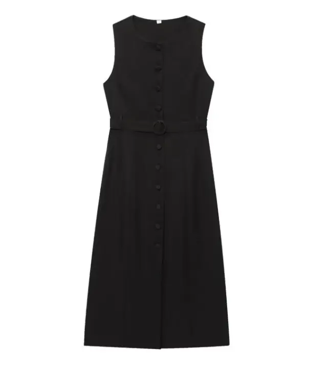 Elegante Vestido sin Mangas BUNO Cuello Redondo, Estilo Plano, Cinturón y Botones - 1