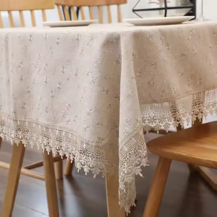 Mantel rectangular, flores bordadas, tela de algodón, decoración de boda - 1