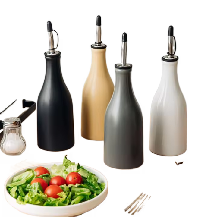 Botella dispensadora de aceite de oliva de cerámica para reducir la oxidación, vinagrera de aceite opaco de diseño moderno vacío con etiquetas adhesivas, embudo - 1