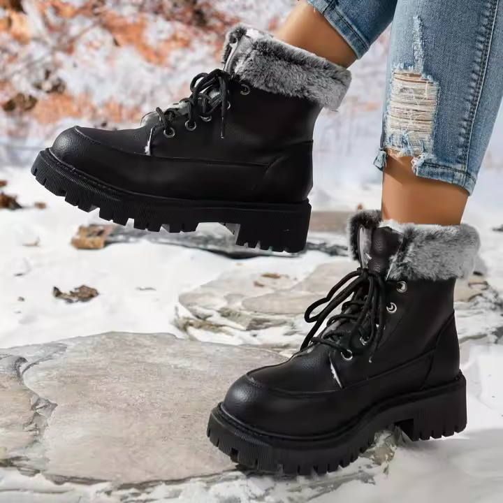 Women's Fashion Solid Color Fluffy Boots Lace Up Soft Sole Platform Warm Lined Boots Winter Round Toe Snow Boots - 1