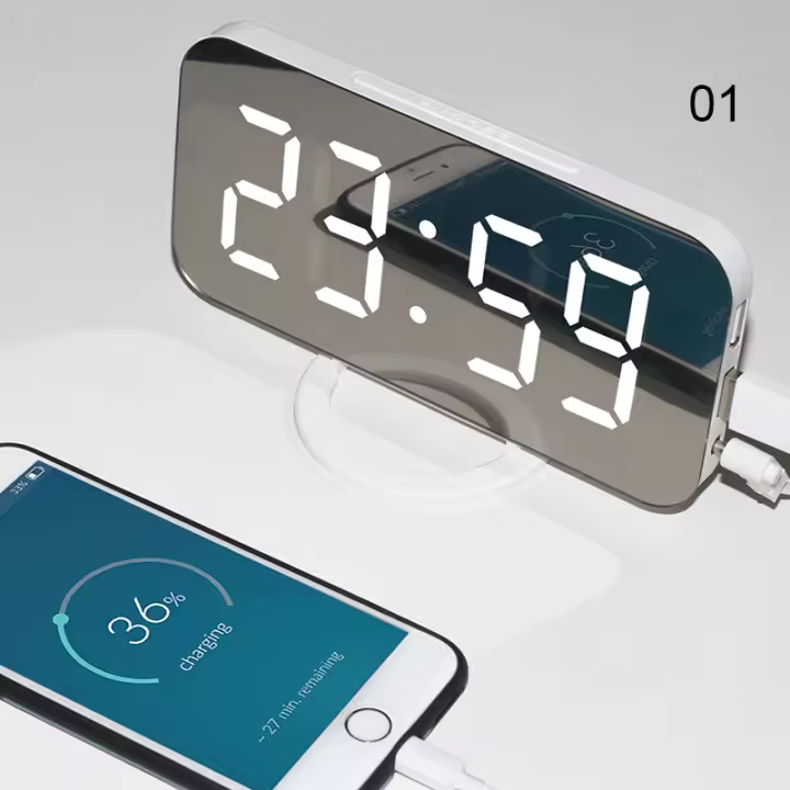 Despertador y base de carga 2 en 1, reloj Digital, puede cargar el teléfono, pantalla LED, espejo, Snooze - 1