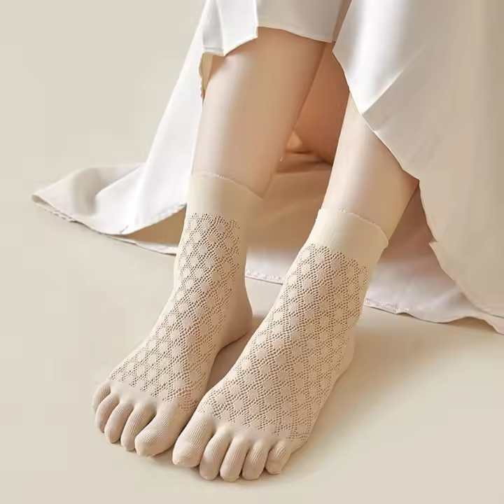 Calcetines finos de malla de seda de hielo de algodón de terciopelo Simple elástico medias de mujer calcetines transpirables de cinco dedos - 1