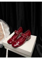 Nuevos zapatos franceses Mary Jane cabeza cuadrada diseño de hebilla de una palabra tacón medio grueso boca poco profunda zapatos individuales charol de mujer - details 42
