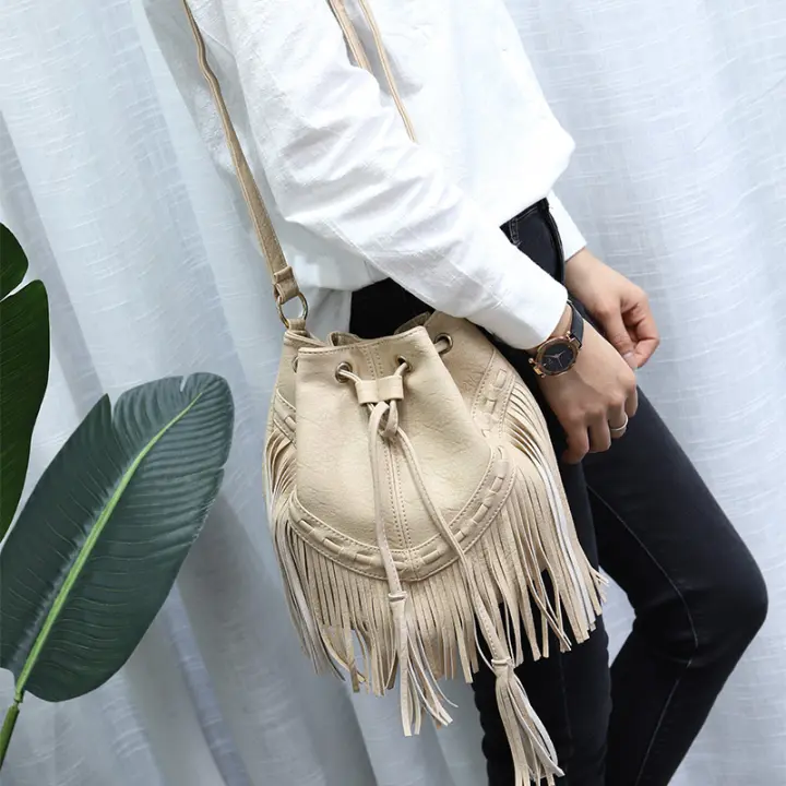 Bolso tipo cubo con borlas y cordón informal, Bolso bandolera de hombro para mujer, Bolso para mujer de superficie suave - 1