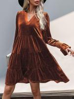 Otoño e Invierno suelto Color sólido con cuello en V vestidos de manga larga para mujer nuevo en elegante Retro Casual Midi vestido femenino - details 9
