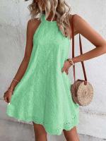 Nuevo vestido midi de mujer informal de verano de algodón y poliéster con cuello redondo y botones sin mangas de Color sólido de encaje - details 6