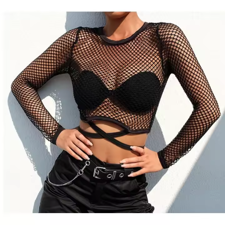 Top corto de manga larga para mujer, camisa ahuecada, a la venta - 1