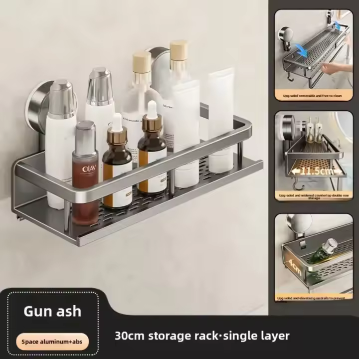 Estante de baño con ventosa de acero al carbono, estante de almacenamiento para ducha con soporte de carga fuerte sin perforaciones, montaje en pared de gran capacidad - 1