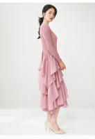 Vestido de primavera Miyake para mujer, aspecto sofisticado, cintura delgada, con bordes con volantes y mangas largas con elegancia. - details 15