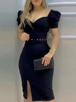 Vestido ajustado con abertura abombada y cinturón para mujer, vestido informal de verano de manga corta para trabajo - details 3