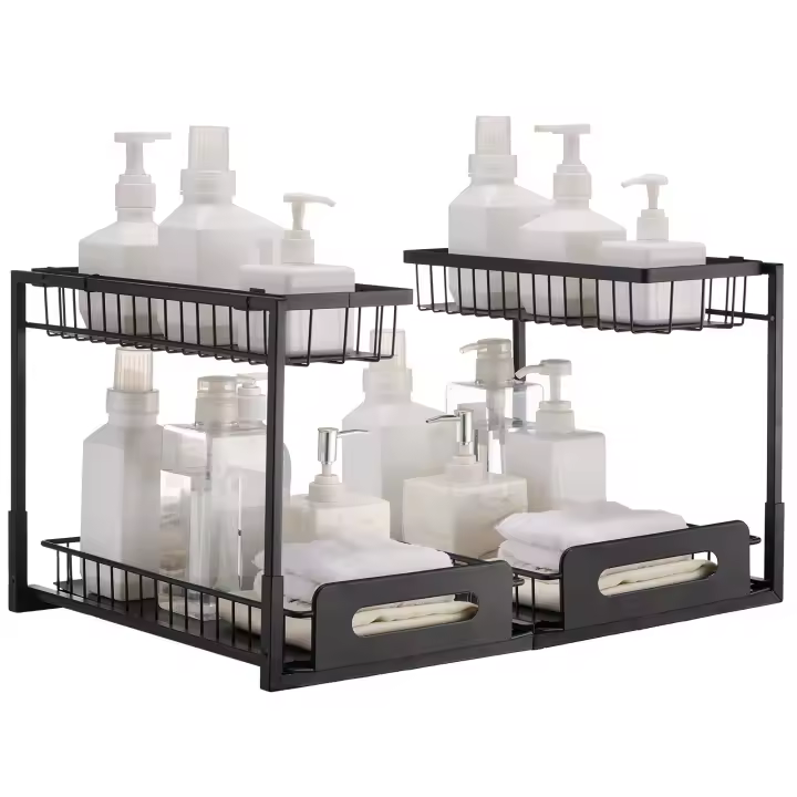 SucceBuy Organizador de gabinete extraíble de 2 niveles (10.7 "de ancho x 14.2" de profundidad), organizador y almacenamiento debajo del fregadero, organizador de gabinete con cajones deslizantes - 1
