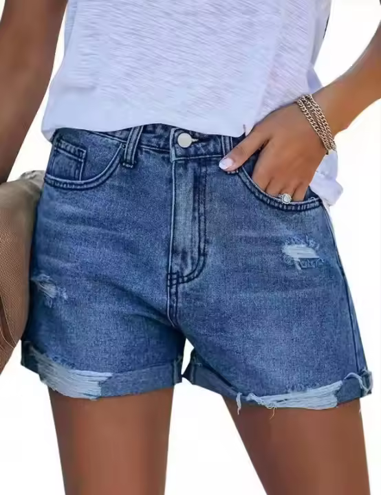 Shorts de Denim Rasgados Moda Femenina Jeans - 1