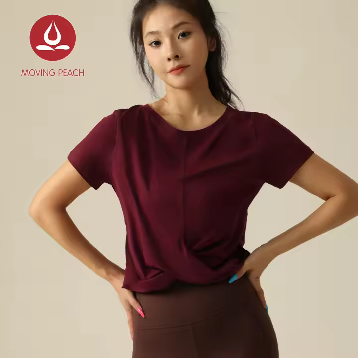 Camisetas Deportivas Mujer MOVING PEACH Camiseta de Yoga Top Dri-fit T-shirts Gym Top Front Wrap Detalle Transpirable ETM Material Exterior 47% Viscosa 47% Algodón 6% Spandex - 1
