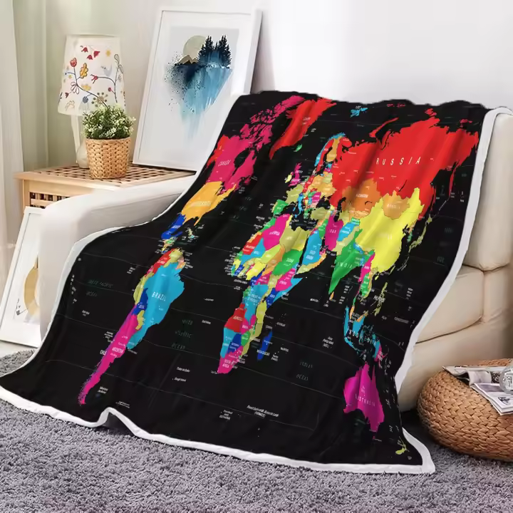 Manta de forro polar con mapa del mundo para sofá, sofá, mapa del mundo, topografía vintage, educación universitaria, niños, cama, viajes, camping, mantas, mantas y mantas con mapa geográfico - 1