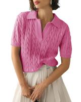 Suéter de manga corta con cuello en V para mujer, Jersey informal de punto con cuello de solapa suave, color rosa, a la moda, Y2K - details 13