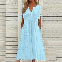 Elegante Vestido de Manga Corta con Cuello Redondo Color Sólido, Moda Casual con Bolsillos y Botones - details 26