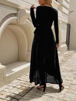 Vestido largo de manga larga con cuello en V para mujer, abertura de Color sólido de lujo, suave - details 6